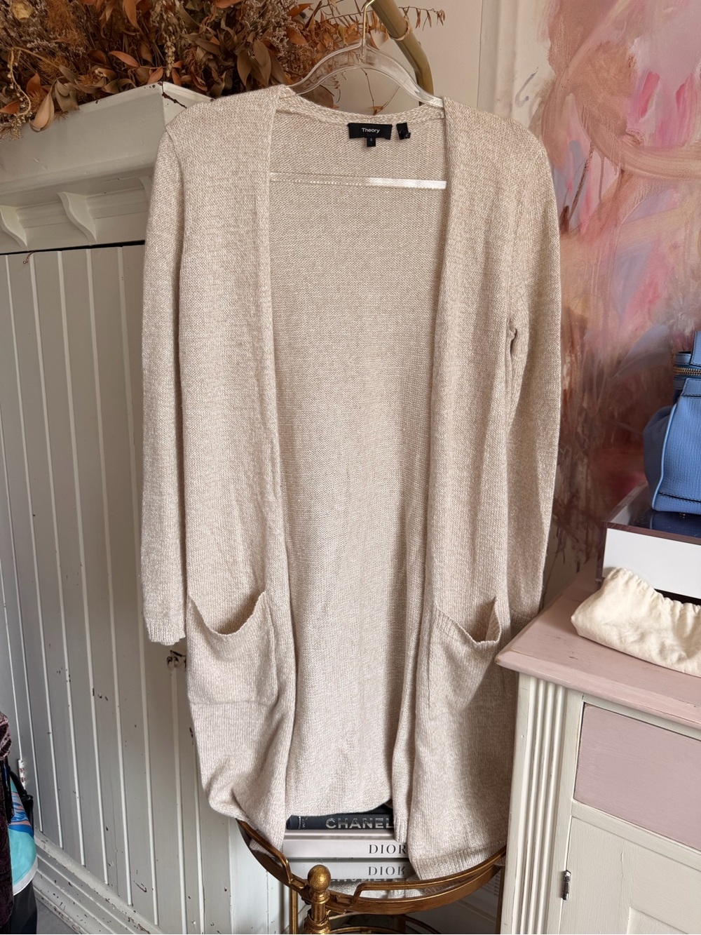 Theory Long Open-Front Pocket Cardigan in Cream